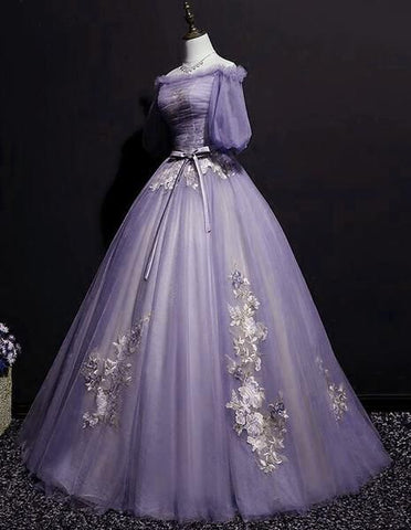 Charming Purple Short Sleeves Tulle Puffy Long Formal Dress Lovely Evening Dress Party Dress S26513