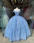 Off the shoulder blue ball gown , sparkly prom dress with flowers S26908 by simplepromdress