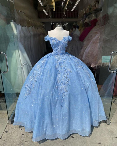 Vestido de fiesta azul con hombros descubiertos, vestido de fiesta brillante con flores S26908