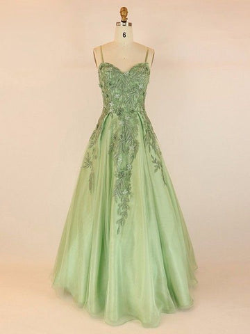 Vestido de fiesta de tul con escote en V y largo hasta el suelo con apliques de encaje S26312