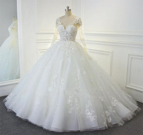 Vestido de novia de organza blanca con escote en V y manga larga S27009