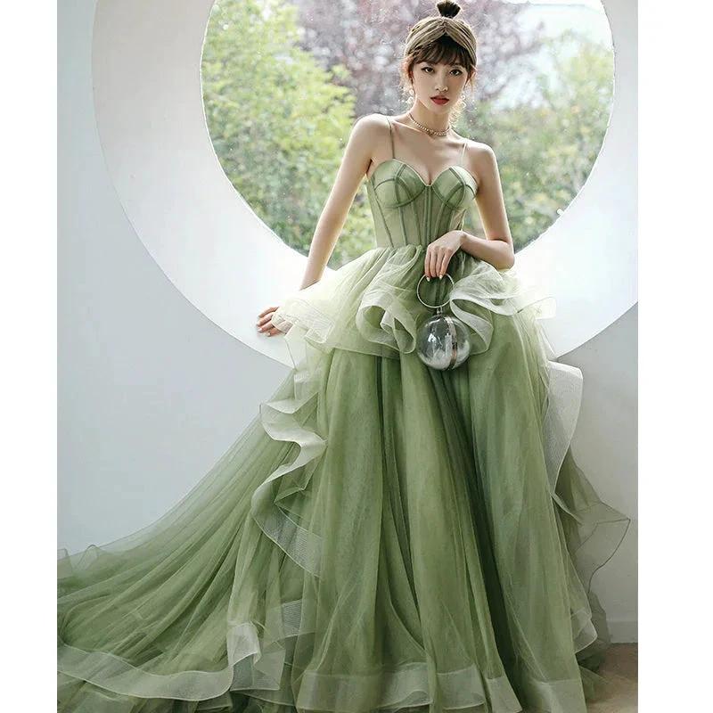 Straps sage green ball gown spring formal prom dress S21224 by simplepromdress