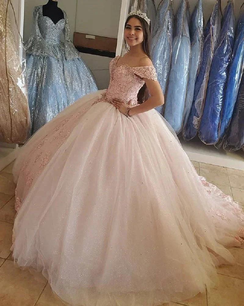 Blush Pink Puffy Sweet 16 Off Shoulder Ball Gowns Sixteen Beaded Crystal Light Pink Tulle Quinceanera Dress Princess Prom Dresses S27021 by simplepromdress