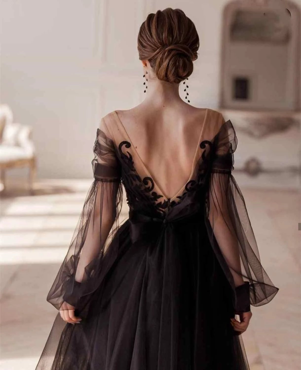 Elegant Black Illusion Full Sleeve V-Neck Lace Appliques Backless A-Line Ankle-Length Evening Dress S26660 by simplepromdress
