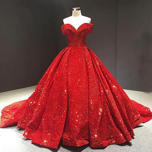 Off The Shoulder Court Train Sequined Luxurious Ball Gown S26639 by simplepromdress