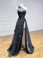 Black Tulle One Shoulder Long Prom Dress with Leg Slit Black Evening Gown Y1146 by simplepromdress