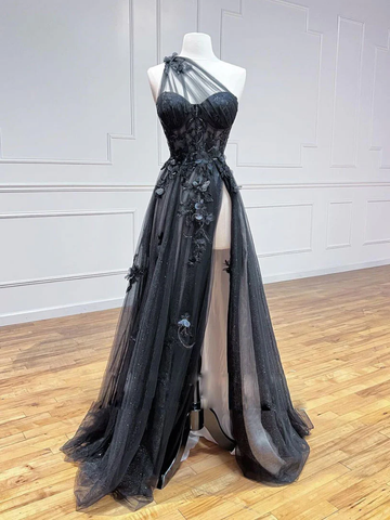 Black Tulle One Shoulder Long Prom Dress with Leg Slit Black Evening Gown Y1146
