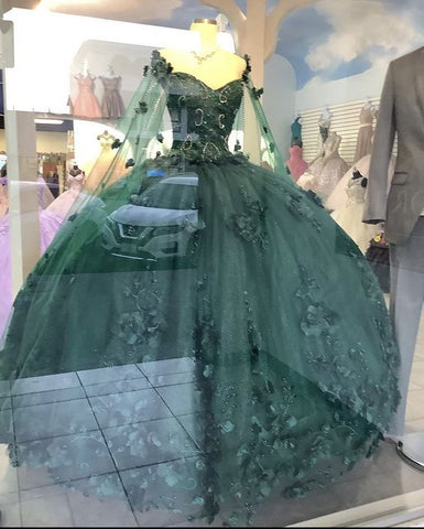 Vestido de quinceañera verde esmeralda con hombros descubiertos y estampado floral, recién llegado, vestido de fiesta para dulces 16, Y1226