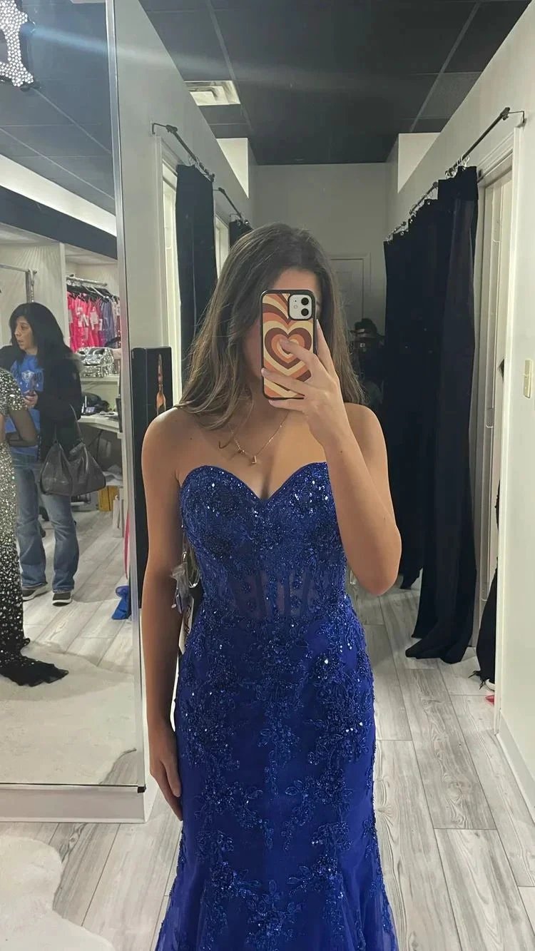 Sweetheart Royal Blue Tulle Lace Formal Gown,Royal Blue Mermaid Sleeveless Evening Dress Y1203 by simplepromdress