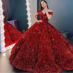 Luxury Sparkling Red Ball Gowns Quinceanera Dresses Off The Shoulder Sequin Pageant Gown Long Princess Sweet 16 Dress Y1210 by simplepromdress
