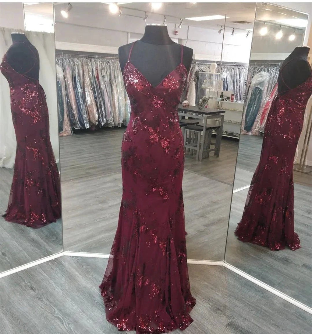 V Neck Maroon Prom Dresses Evening Gowns with Sequin Appliques Y1214 by simplepromdress