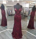 V Neck Maroon Prom Dresses Evening Gowns with Sequin Appliques Y1214 by simplepromdress