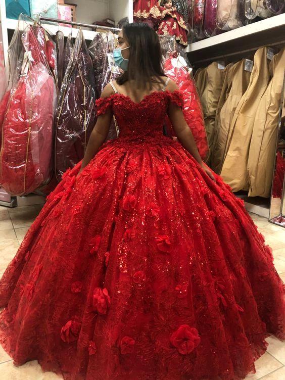 Stunning Red Off The Shoulder Ball Gown ,3D Flowers Quinceanera Dress,Sweet 16 Dress Y1219 by simplepromdress