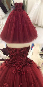 Charming Strapless Burgundy Tulle Ball Gown With Hand Flowers Y1218 by simplepromdress