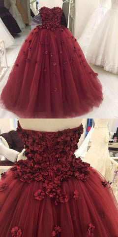 Encantador vestido de fiesta de tul burdeos sin tirantes con flores de mano Y1218