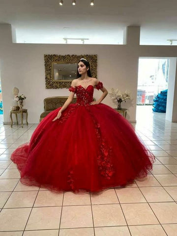 Hermoso y lujoso vestido de quinceañera de tul rojo, vestido de quinceañera, vestido de fiesta rojo Y1209