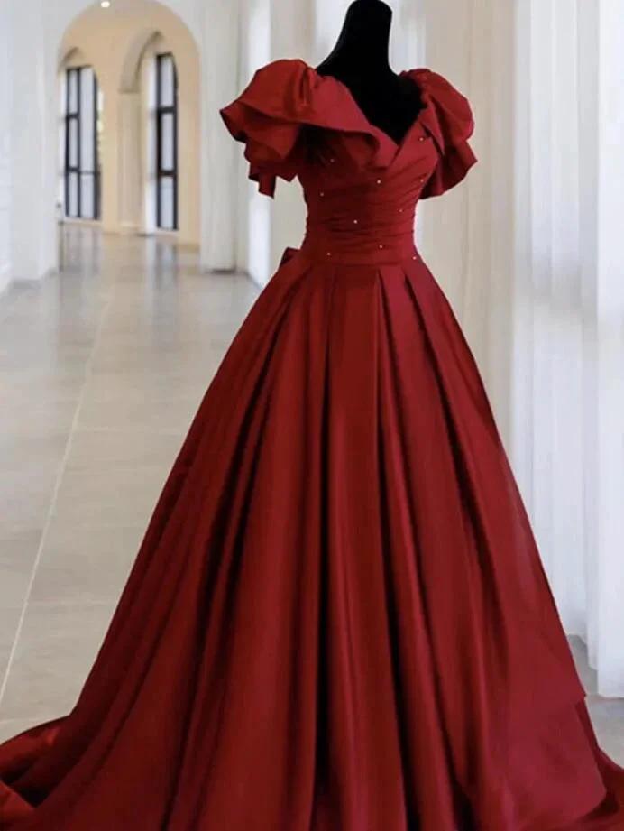 A line Burgundy satin long prom dress evening dress Y1183 by simplepromdress