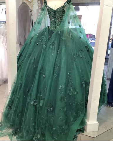 Vestido de quinceañera verde esmeralda con hombros descubiertos y estampado floral, recién llegado, vestido de fiesta para dulces 16, Y1226