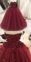 Charming Strapless Burgundy Tulle Ball Gown With Hand Flowers Y1218 by simplepromdress