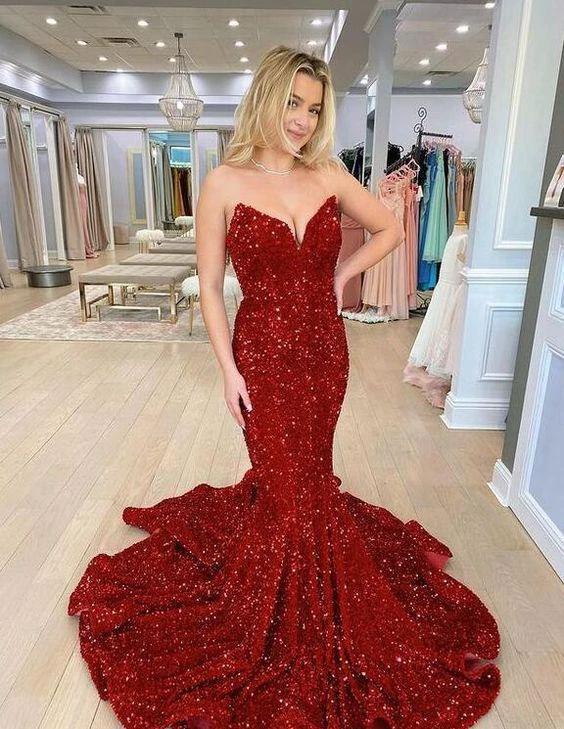 Burgundy Mermaid Strapless Sequins Long Evening Dresses Y1220 by simplepromdress