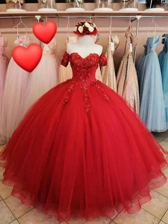 Generous Red A-line Tulle Lace Ball Gown,Sweet 16 Dress Y1221 by simplepromdress