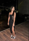 Spaghetti Strap Sexy Split Solid Slim Lady Vintage Prom Dress,Black Evening Dress Y1187 by simplepromdress
