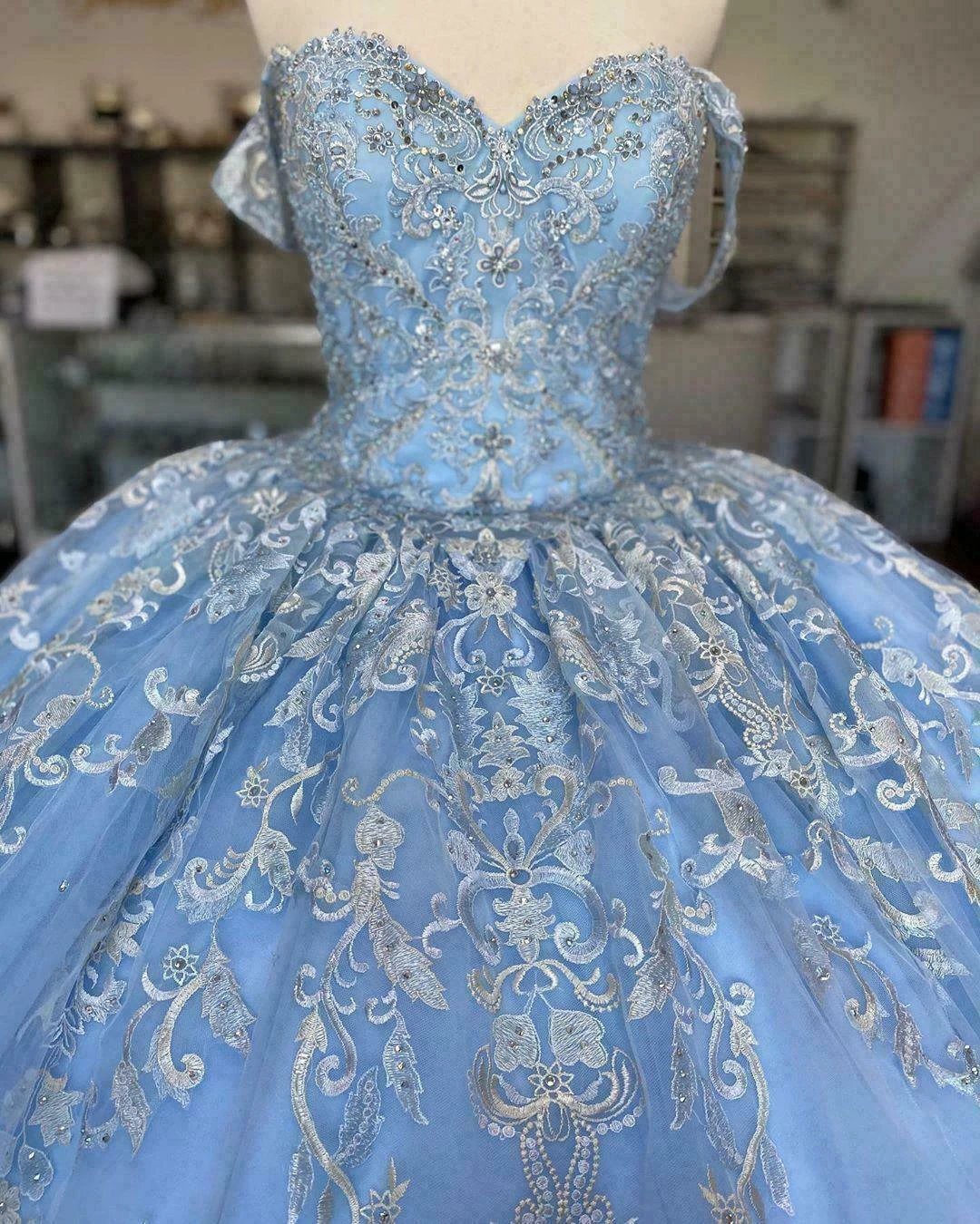 Winter Wonderland Blue Ball Gown Quinceanera Dress Blue Tulle Lace Ball Gown Y674 by simplepromdress