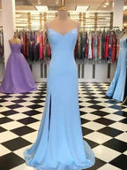 Blue Mermaid Satin Long Prom Dress With Side Slit,Elegant Blue Evening Dress Y687 by simplepromdress