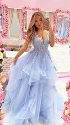 Blue v neck tulle lace long prom dress blue evening dress Y686 by simplepromdress