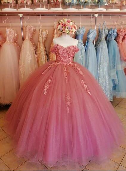 Ball Gown Dusty Pink Lace Prom Dresses Long Sweet 16 Dress Y683 Hover Image
