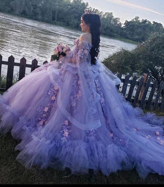 Luxurious Off The Shoulder Tulle Floral Appliques Ball Gown Purple Sweet 16 Dress Y679 by simplepromdress