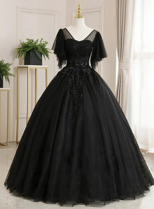 Ball Gown Luxurious Floral Quinceanera Prom Dress Scoop Neck Short Sleeve Floor Length Tulle with Pleats Embroidery Y1478 by simplepromdress