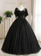 Ball Gown Luxurious Floral Quinceanera Prom Dress Scoop Neck Short Sleeve Floor Length Tulle with Pleats Embroidery Y1478 by simplepromdress