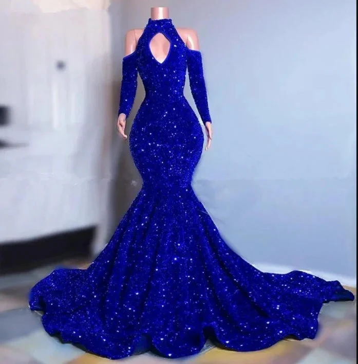 Plus Size Royal Blue Sparkly Sequins Prom Dresses Long Sleeves Mermaid Evening Gowns Elegant Off Shoulder Women Formal Dress Y1271 by simplepromdress