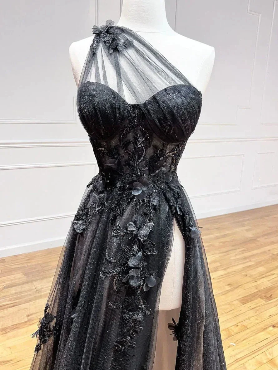 Black Tulle One Shoulder Long Prom Dress with Leg Slit Black Evening Gown Y1146 by simplepromdress