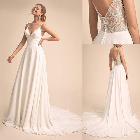 Vestido de novia sencillo de gasa con escote en V, tirantes finos y espalda de encaje, 2025