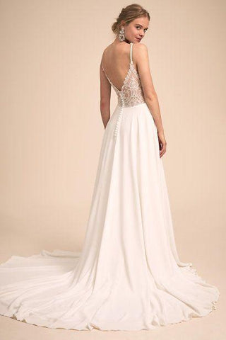 Vestido de novia sencillo de gasa con escote en V, tirantes finos y espalda de encaje, 2025