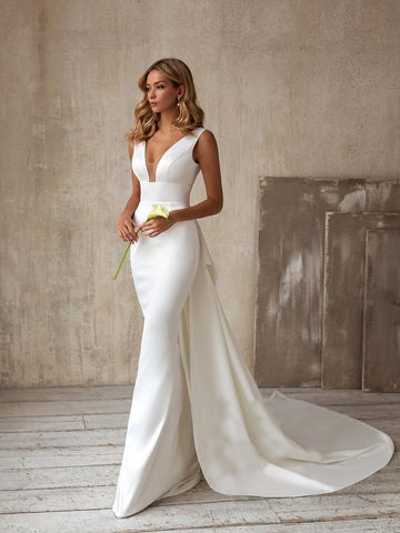 Vestido de novia de sirena, sencillo y elegante, de satén, con sobrefalda con lazo desmontable, talla grande 2025