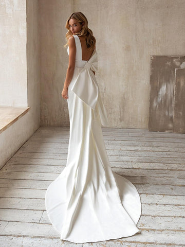 Vestido de novia de sirena, sencillo y elegante, de satén, con sobrefalda con lazo desmontable, talla grande 2025