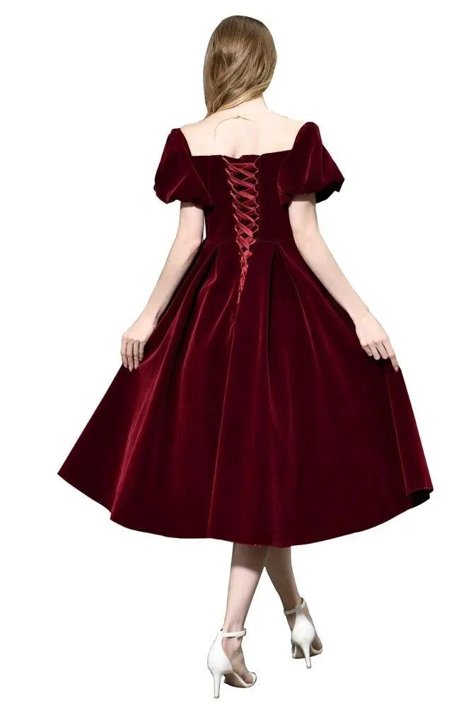 Puff Sleeve Ankle Length Velvet Daily Casual Dress Deep V-Neck Vintage Party Dress by misshow.com