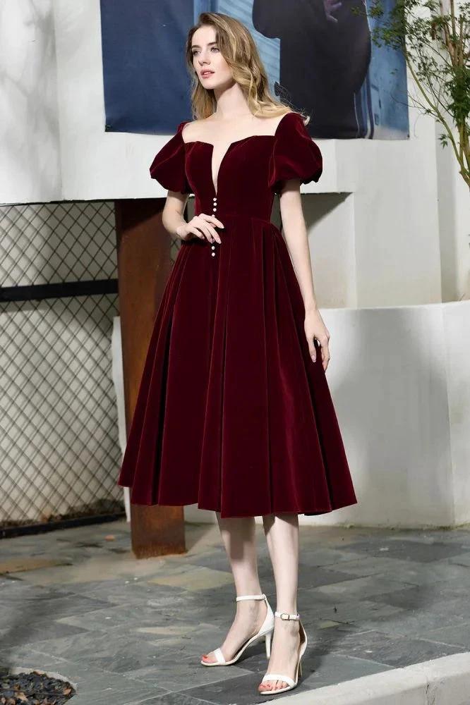 Puff Sleeve Ankle Length Velvet Daily Casual Dress Deep V-Neck Vintage Party Dress by misshow.com