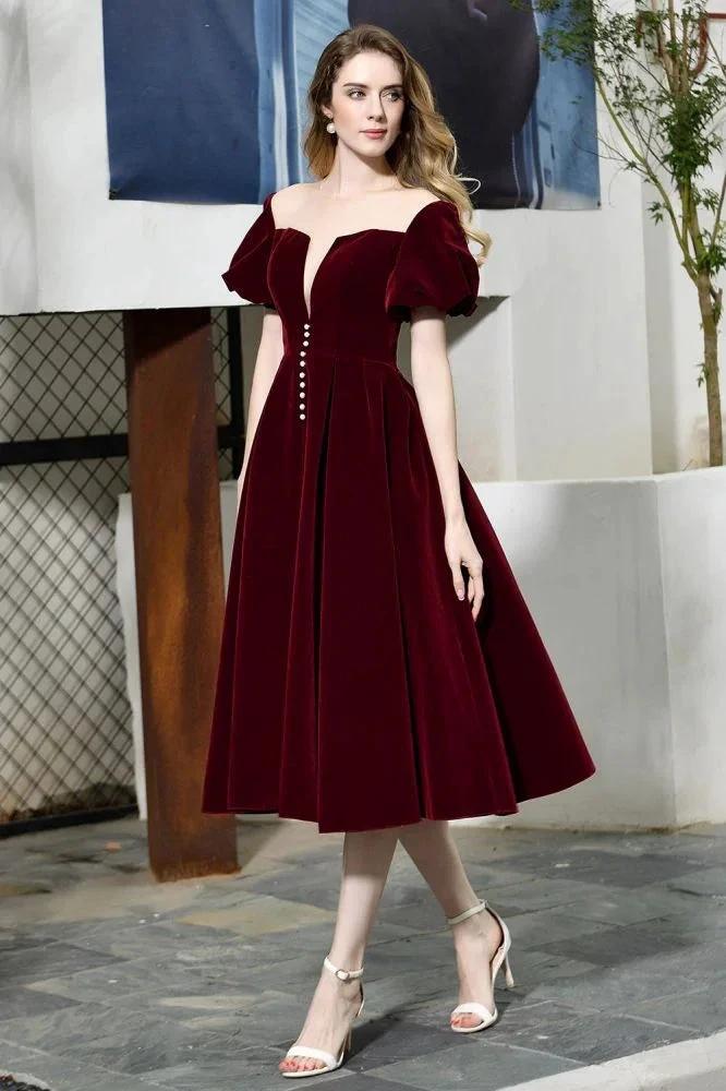 Puff Sleeve Ankle Length Velvet Daily Casual Dress Deep V-Neck Vintage Party Dress by misshow.com