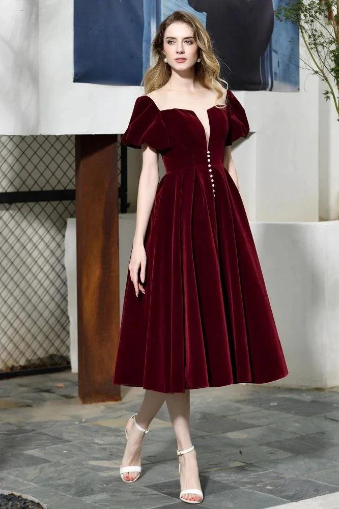 Puff Sleeve Ankle Length Velvet Daily Casual Dress Deep V-Neck Vintage Party Dress by misshow.com