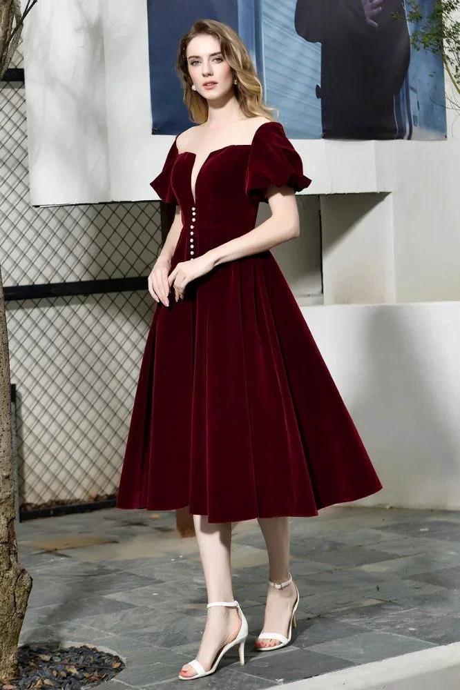 Puff Sleeve Ankle Length Velvet Daily Casual Dress Deep V-Neck Vintage Party Dress by misshow.com