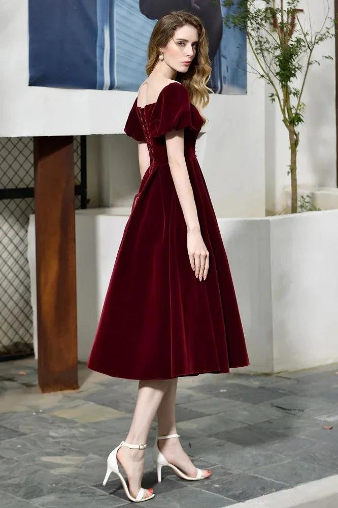Puff Sleeve Ankle Length Velvet Daily Casual Dress Deep V-Neck Vintage Party Dress by misshow.com