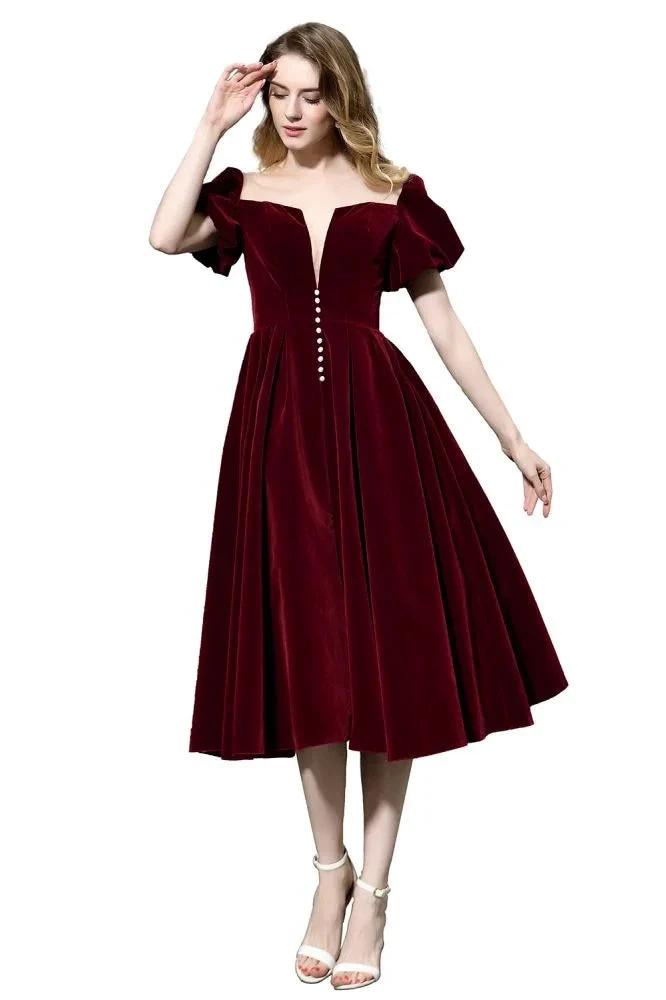 Puff Sleeve Ankle Length Velvet Daily Casual Dress Deep V-Neck Vintage Party Dress by misshow.com