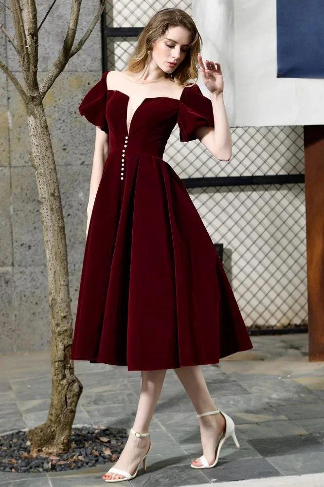 Puff Sleeve Ankle Length Velvet Daily Casual Dress Deep V-Neck Vintage Party Dress by misshow.com