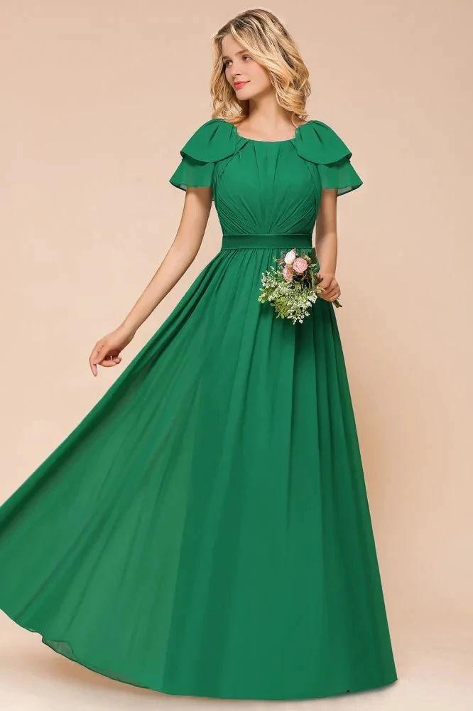 Puff Sleeve Floor Length Bridesmaid Dress A-line Wedding Guest Dress by misshow.com