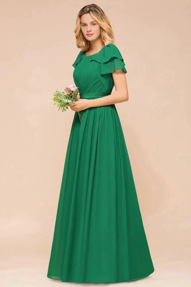 Puff Sleeve Floor Length Bridesmaid Dress A-line Wedding Guest Dress by misshow.com