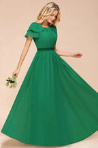 Puff Sleeve Floor Length Bridesmaid Dress A-line Wedding Guest Dress by misshow.com